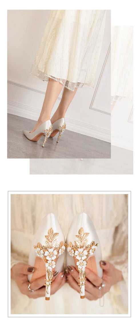 Elegant Crystal-Embellished Silk Pointed Toe Pumps for Women - Luxurious High Heels Perfect for Bridal and Evening Wear, Sexy Dress Shoes with Thin Heels